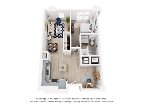 A 3D floor plan of a small one bedroom apartment with a kitchen, living room, den and bathroom.